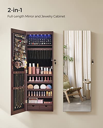 Songmics Hanging Jewelry Cabinet, Wall-Mounted Cabinet With Led Interior Lights, Door-Mounted Jewelry Organizer, Full-Length Mirror, Gift Idea, Brown Ujjc99Br #TOP1
