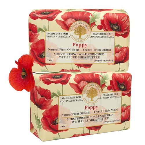 Image of Wavertree & London Poppy Scented Natural Soap (2 Bars), 7oz Moisturizing French Triple Milled Soap Bars enriched with shea butter - Pure Plant Based Bath & Body Bars for All Skin Types