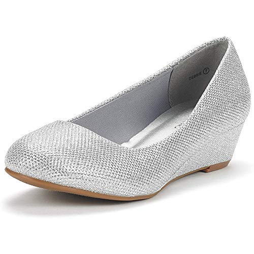 DREAM PAIRS Women's Debbie Mid Wedge Heel Pump Shoes 7 Silver/Glitter
