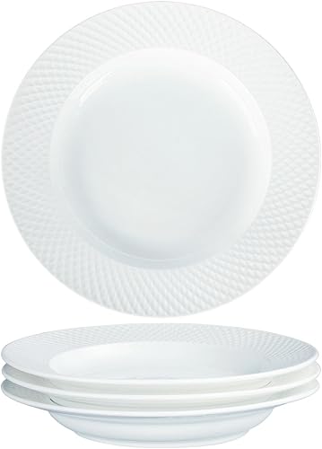 Miniatura 12 de Cuencos de sopa con borde de cerámica, 8.6 oz, Blanco, 11 pulgadas, Juego de 4 platos pequeños exquisitos para sopa, Platos para pasta con borde
