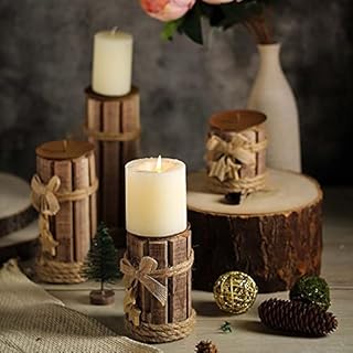 Set of 4 Assorted Wooden Pillar Candle Holder Set with Braided Twines Burlap Ribbons and Hanging Stars Rustic Wedding Centerpiece for Table, Birthday Party Home Decoration - 8"/7"/5"/4"