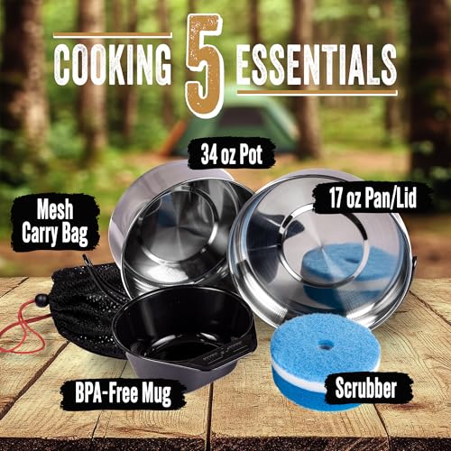 Ready Hour Kit de Cocina para Camping de Acero Inoxidable - Set Compacto de Supervivencia de 5 Piezas con Olla, Sartén, Taza, Estropajo y Bolsa de Transporte miniatura 3