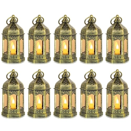 Uniiking 10 Pieces Mini Lanterns with Flickering LED Candle Hewory Gold Vintage Decorative Hanging Candle Lantern for Indoor Use Wedding Party Table Centerpiece
