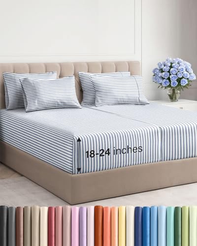 Image of Extra Deep Split King Sheet Set - 7 Piece Cooling Bed Sheets - Blue Stripes | Hotel Luxury Bed Sheets Set, Easy & Secure Fit, Ultra-Soft, Wrinkle & Fade Free, Comfy Sheets Set with Extra Deep Pockets