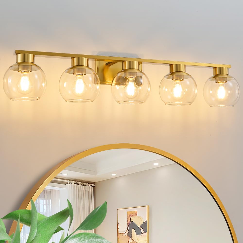 Lanmate Bathroom Vanity Light Fixtures - 5-Lights Gold Bathroom Light Over Mirror with Clear Glass Shade Wall Sconces Lighting & Vanity Lights for Bathroom (Brushed Gold, 5 Lights) 5-lights Brushed Gold