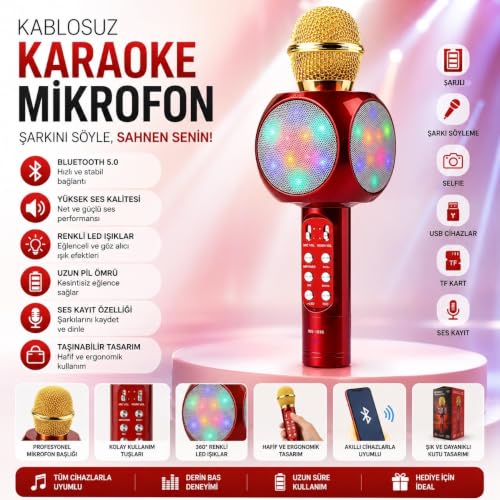 WS-1816 Bluetooth Karaoke Mikrofonu, Kablosuz Hoparlör, RGB LED Işıklı, USB ve TF Kart Girişli, Şarjlı, Kırmızı