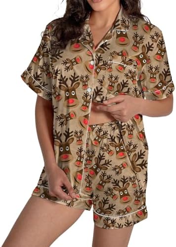 Women Christmas Pajamas Tops and Short Sets Trendy Print Button Down Lounge Sets Satin 2 Piece Sets Y2k Sleepwear Pjs