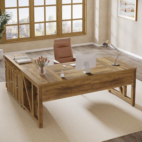 Image of Tribesigns L Shaped Desk with Drawer Cabinet, 63 inch Executive Computer Desk and lateral File Cabinet, 2 Piece Home Office Furniture with Drawers for Hanging, Door