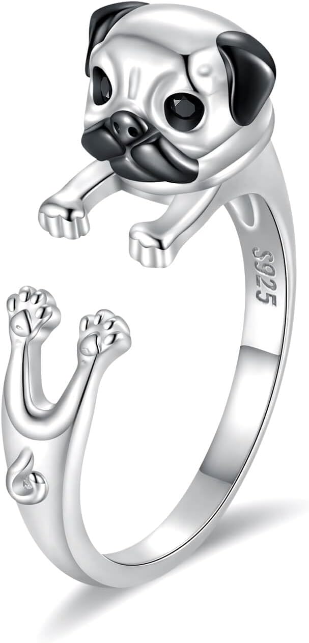 Sariel 925 Sterling Silver Pug German Shepherd Labrador French Bulldog Dog Rings Adjustable Pug Lover Jewelry Gifts for Women