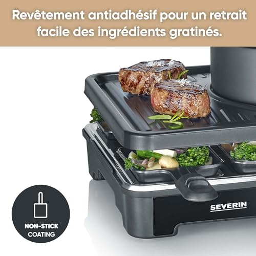 SEVERIN Appareil à Fondue et Raclette pour 8 personnes, Appareil à raclette 2 en 1 avec Plaque de cuisson et Service à fondue, Inclus 8 poêlons, spatules et fourchettes à fondue, Noir, RG 2347