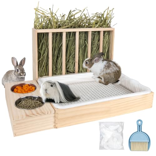 BESNEW 3 in 1 Rabbit Hay Feeder with Litter Box Upgraded Wooden Hay Feeder Set for Guinea Pig Chinchilla Bunny Other Small Animals Quick Cleaning & Large Capacity & Preventing Waste