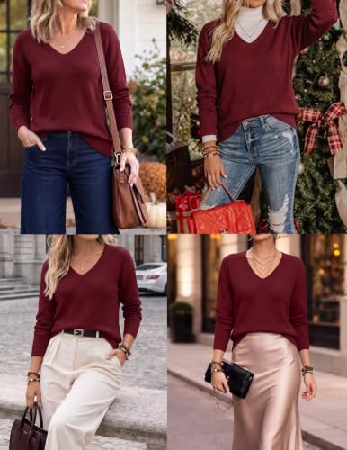 Image of Zeagoo Womens Sweaters Fall Trendy Casual Long Sleeve Shirt Lightweight V Neck Off Shoulder Crochet Pullover Top Outfit