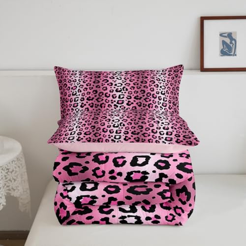 Image of Feelyou Hot Pink Leopard Comforter Set Queen, Cheetah Fur Print Bedding Set Teens Leopard Stripes Comforter Toddler Wildlife Duvet Set with 2 Pillow Case