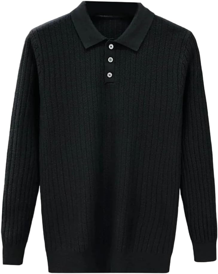Vsadsau Men's Spring Winter Knit Polo Sweaters Loose Solid Casual Warm Pullover