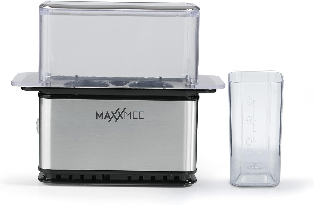 lateral view of MAXXMEE Egg Cooker with measuring cup