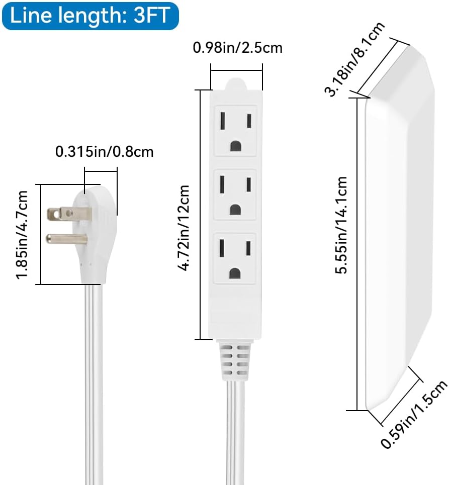CILIA Flat-Face Outlet Extender, Ultra-Thin Wall Plate Plug with Cord Extender, 3 Outlets Power Strip, Childproof 3ft Extension Cord with Outlet Cover, Space-Saving, Hide Cords for Home, Office, White