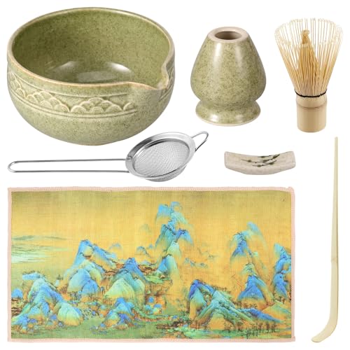 LCZNXJJY 7PCS Matcha Whisk Tea Towel Set, Japanese Matcha Set, Ceramic Matcha Bowl with Spout, Temperature Resistant Bamboo Matcha Scoop, Holder & Sifter for Matcha Lover(Dark Green)