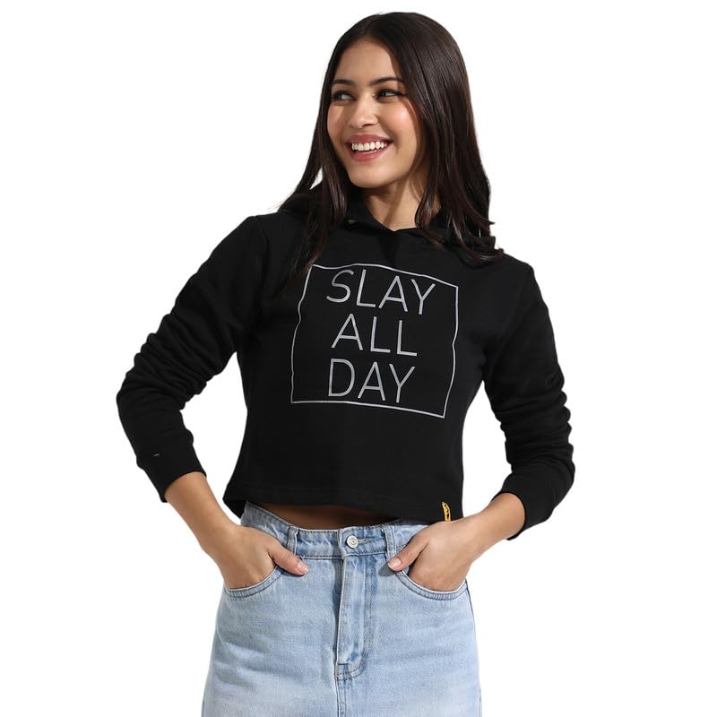 pinacolada Women's Black Slay All Day Hoodie with Ribbed Hem for Casual Wear | Hooded Neck | Long Sleeve | Drawstring Closure | Cotton Sweatshirt Crafted with Comfort Fit for Everyday Wear-picture-49