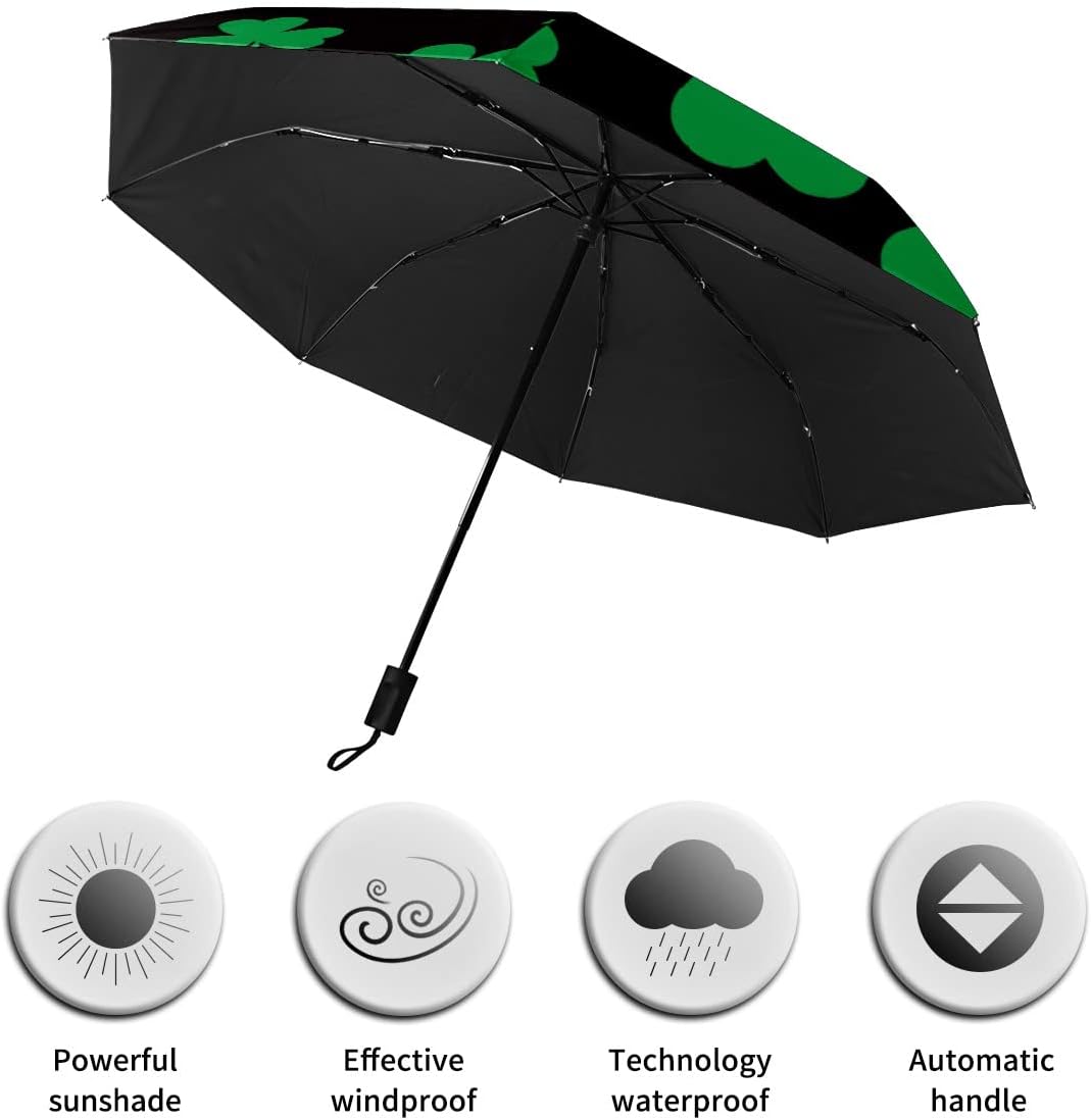 Compact Travel Umbrella Shamrock Lucky Irish Clover Small Folding Sun & Rain Umbrellas Windproof Mini Auto Open & Close Portable Umbrella Parasol for Women Men