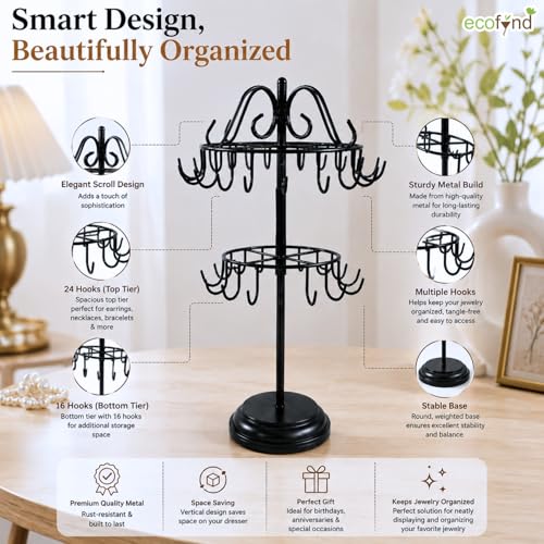 Image of ecofynd 2-Tier Metal Jewelry Organizer Stand with 40 Hooks, 360 Rotating 20-Inch Holder for Earrings, Necklaces, Bracelets & Rings, Space-Saving Display for Vanity & Dressing Table (Black, JS013)