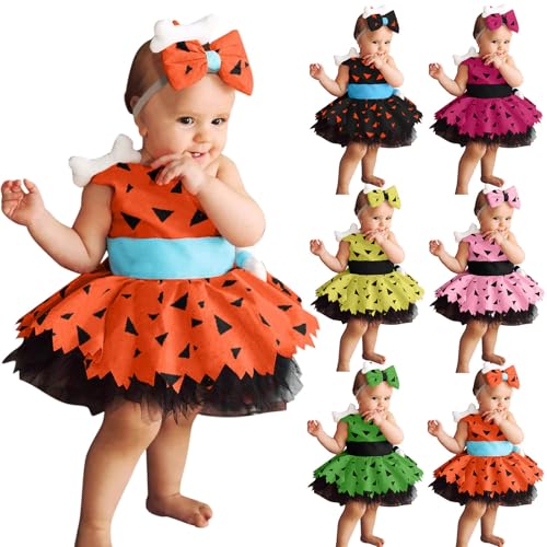 Genérico Disfraz de Carnaval Niña Vestido de Pebbles con Diadema Bebe Niña 6 Meses -12 Años Disfraces de Princesa Vestido Carnaval Halloween Cavernicola Ropa para Fiestas