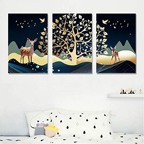 Tableau scandinave abstrait cerf or 70x100 cm triptyque salon - 2