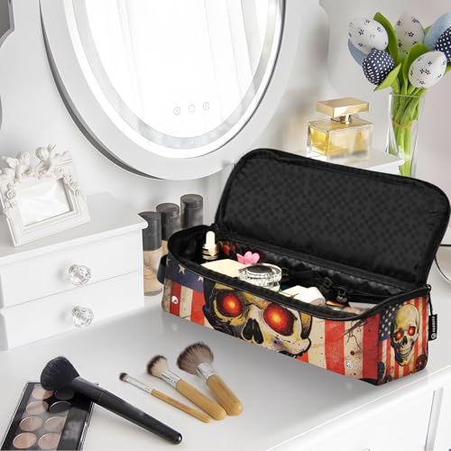 Bolsa de viaje para herramientas de cabello con tapete resistente al calor removible, estuche de transporte de doble capa para planchas, rizadores y secadores de pelo, con diseño de bandera USA y calavera patriótica miniatura 7