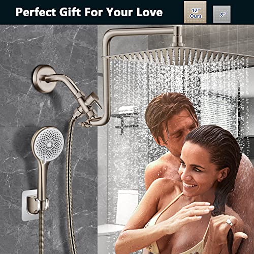 Shower Head Brushed Nickel, Upgraded 12" Rain Shower Head With 12" Flexible Curved Shower Extension Arm And High Pressure 4 Setting Handheld Shower Head Combo, Built-In Power Wash, 60’’ Shower Hose #TOP6