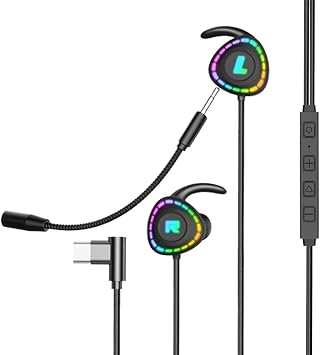 USB-C in-Ear Gaming Earbuds,Type-C Gaming Headset Wired E-Sport Earphone Noise Cancelling Stereo Bass Headphone with Adjustable Mic and RGB Light for iPhone 16/15Pro Max Pixel 8 7