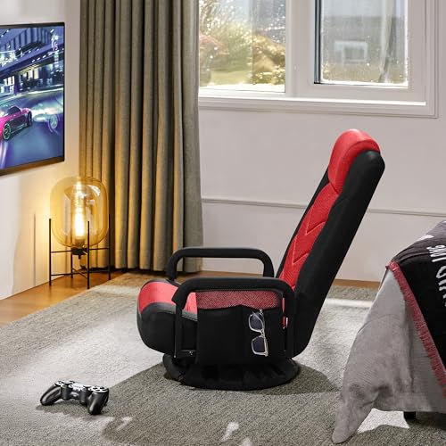 Sedia Gaming da Terra Girevole a 360°, Poltrona da Pavimento Pieghevole per Relax, Lettura, Meditation, Reclinabile in 6 Posizioni, con Braccioli e Tasca Laterale, Nero/Rosso - Sedia gaming - Immagine 7