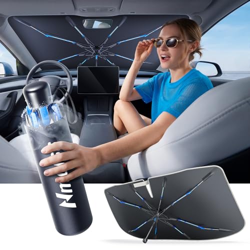 [Drive to Superior Coolness & Comfort] Nmoiss Ice Rib Windshield Sun Shade Umbrella High Speed ​​Cooling 99% UV Blocking Protects Car from Sun and Heat Damage Medium (56" L x 31" W)