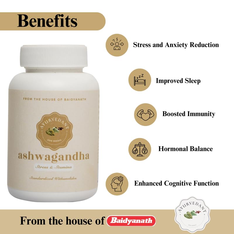 Baidyanath Asli Ayurved Jhansi Ayurvedant Ashwagandha 60 tablets for Control Stress, Improves Vitality and Muscle Strength 1