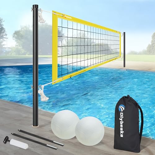 Base Free Swimming Pool Volleyball Net Set for Above Ground/Inground Pools with 3-Height Adjustable Aluminium Poles, Durable Anti-Sagging Net, 2 Water Volleyballs and Carry Bag (Yellow)
