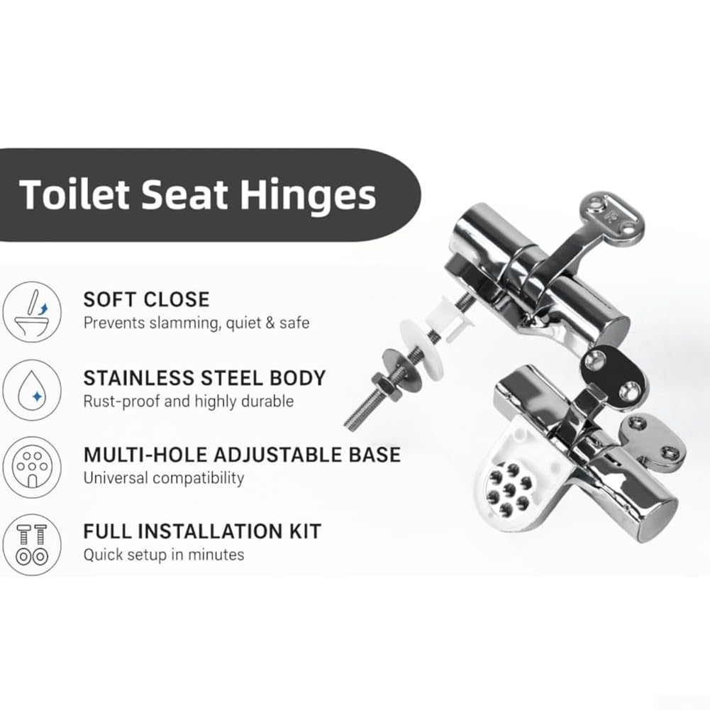 WC-Sitz-Scharniere aus Zinklegierung mit Chrom-Finish, verstellbare Ersatzschrauben für ovale WC-Sitze, kompatibel mit den meisten Abdeckungen, Absenkautomatik für leisen Gebrauch im Badezimmer