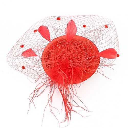 minkissy Fascinators Hats 20s 50s Hat Pillbox Hat Cocktail Tea Party Headwear with Veil Photo Props for Girls and Women Red - Image 3