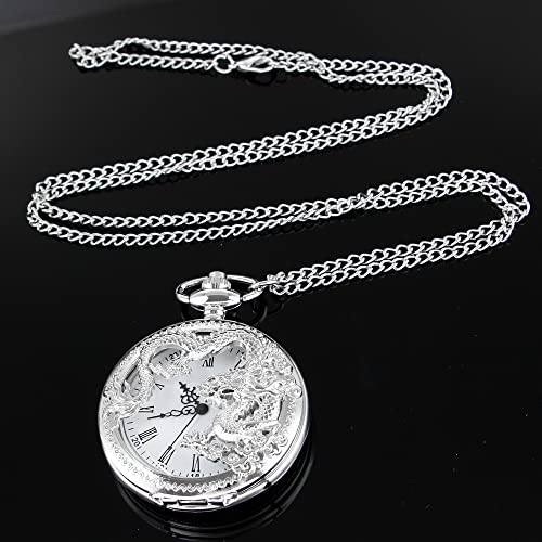 Alwesam Silver Dragon Design Quartz Pocket Watch Roman Numerals With Chain Birthdays Gifts For Father's Days #TOP3