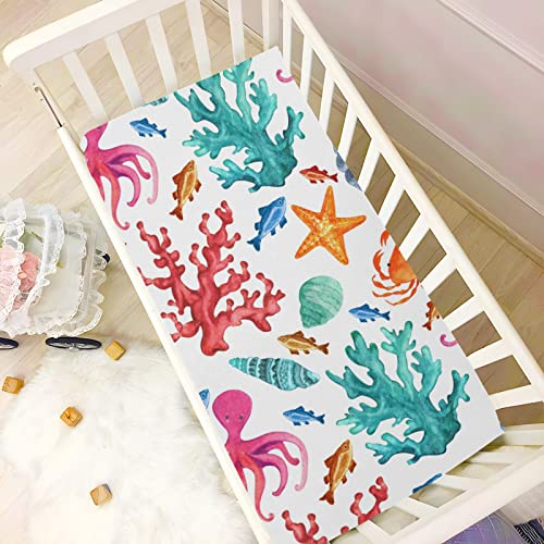 Image of Colorful Ocean Animal Crib Sheets for Boys Girls Pack N Play Sheet Soft Breathable Mini Crib Sheets 39 inch x 27 inch