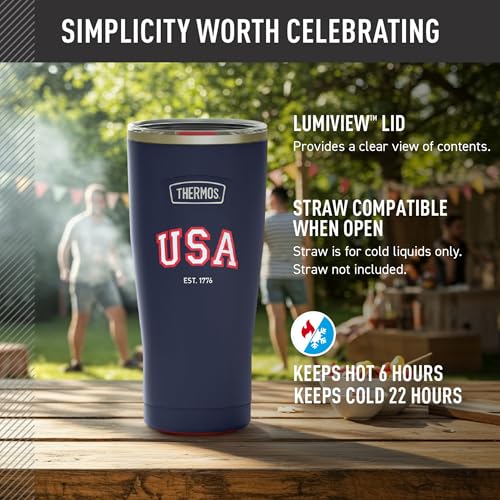 Image of THERMOS Icon Series 24oz Stainless Steel Tumbler with Slide Lock Lid, Leakproof, Fits Cupholder, Dishwasher Safe, Griptec Non‑Slip Base, Keeps Drinks Hot 6 Hrs /Cold 22 Hrs, Navy USA