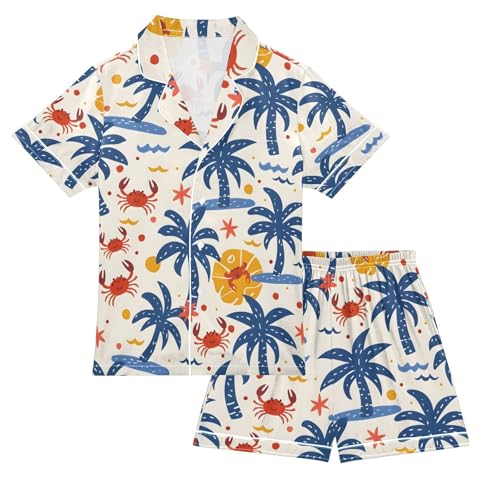 ALAZA Starfish Palm Leaves Crab Pajamas Satin Pajama Set Short Sleeve Button Down Sleepwear