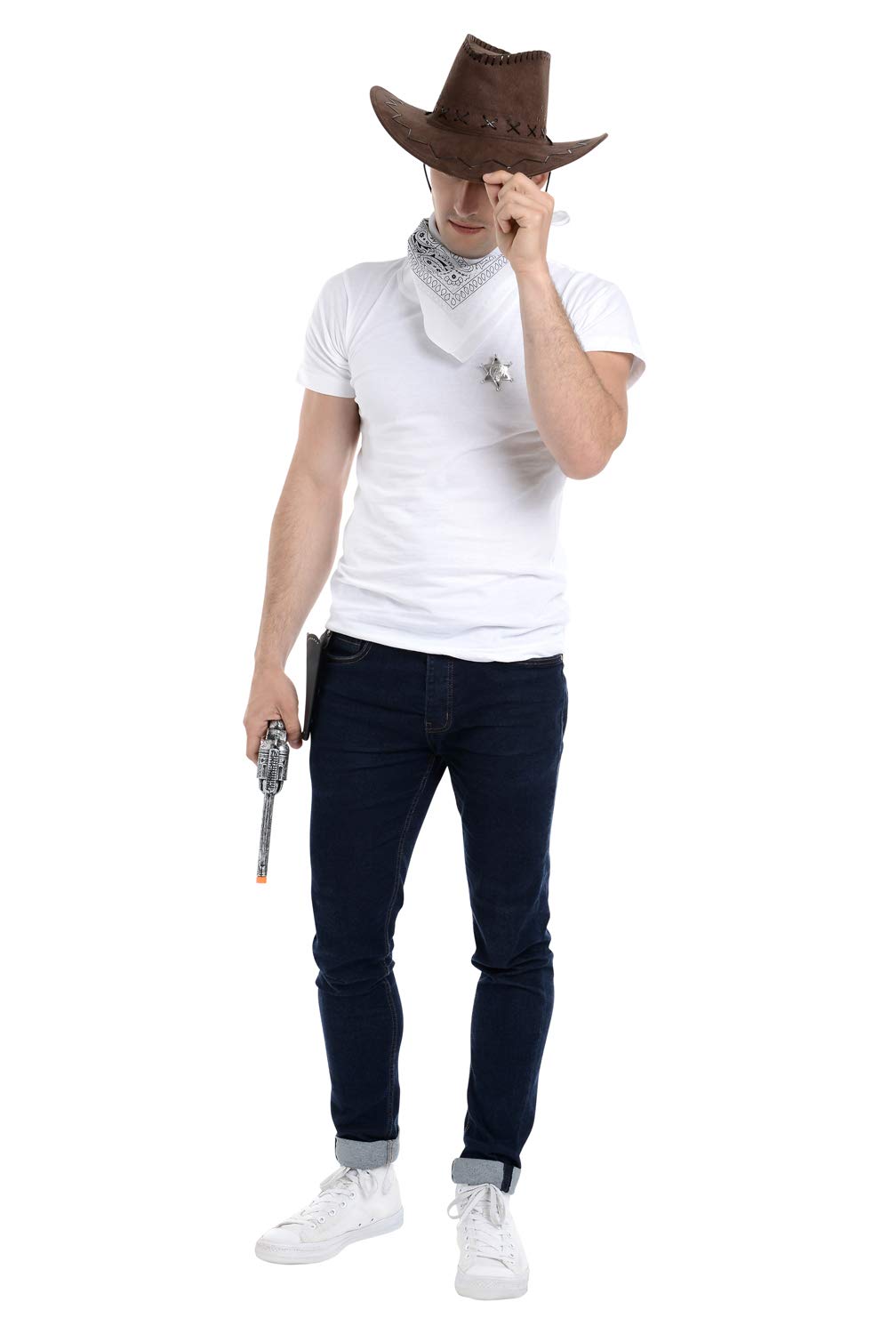 Zac's Alter Ego Fancy Dress Unisex 4 Piece Cowboy Set, Brown Hat, White Bandana - Image 2