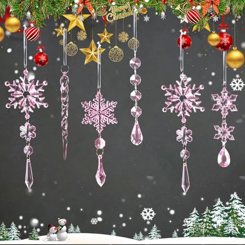 Image of 20pcs Crystal Christmas Ornaments for Christmas Tree Decorations-Light Pink Hanging Acrylic Snowflake and Icicle Ornaments with Drop Pendants for New Year Party Decorations Supplies