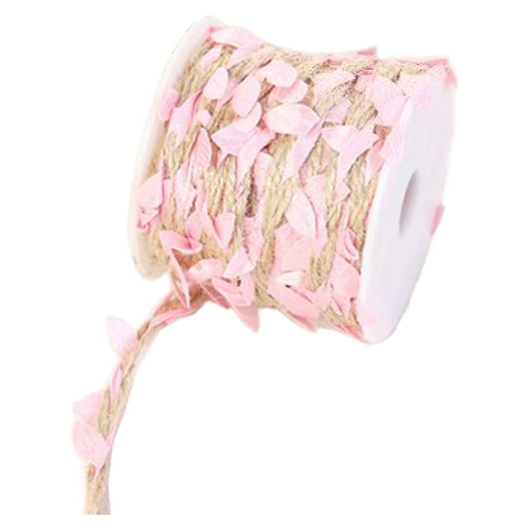 2 Rolls Natural Jute Twine with Artificial Leaf Braided Simulation Vine Creative Burlap Leaf Ribbon Rustic Hemp Rope Pink