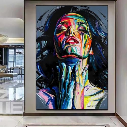 Portrait couleur femme sur toile abstraite haut de gamme avec cadre noir