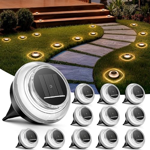 Uwithm 12 Stück Solar Bodenleuchten Außen LED Solarleuchten Garten IP65 Wasserdicht Solarlampen für Außen mit 4 LEDs Dekorative Gartenbeleuchtung für Rasen Patio Balkon Auffahrt&Gehweg Warmweiß
