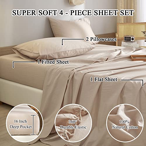Beige Bed Sheets Queen Size Sheets Set 100% Washed Cotton Bedding Sheets- 4 Piece Cooling Sheets 16” Deep Pocket Fitted Sheets Extra Soft Beige Tan Sheets, Fade, Stain, Shrink Resistant #TOP1