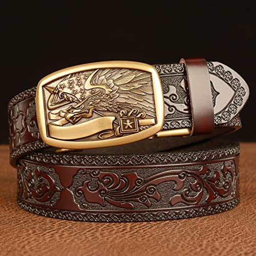 Men Western Cowboy Leather Ratchet Dress Belts,Embossed Belt with Automatic Click Buckle Gold Eagle Head Flag Carved (110cm/waist:36"~38", Brown)3