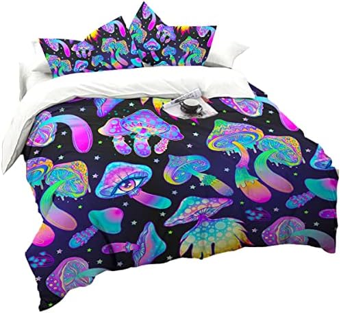Dropshipful 3 Piece Duvet Cover Set, Trippy Mushroom Pattern Comforter Cover Set, Cartoon Bedding Set with Comforter Cover and Pillowcases for All Seasons (Queen, 10)