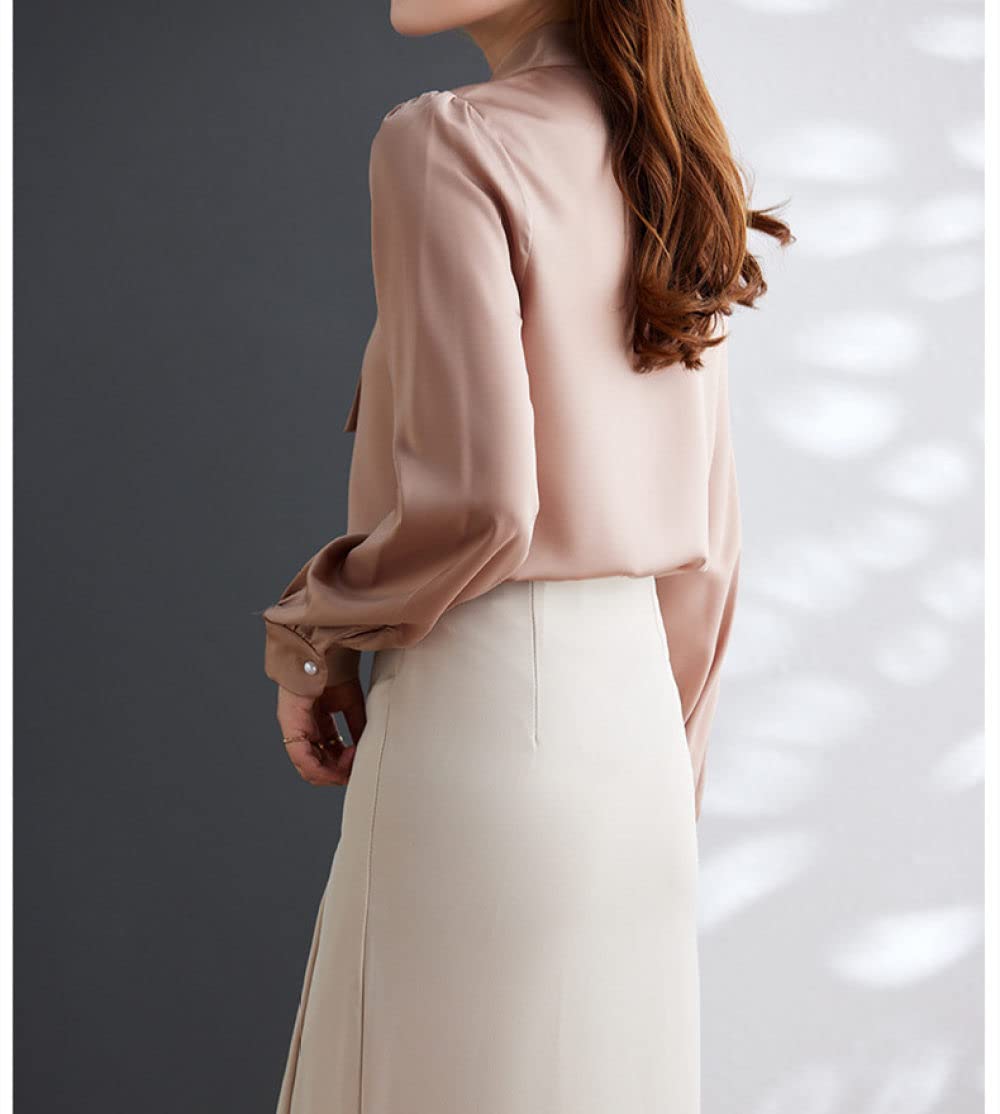 MIDJ Damen-Hemd Mit Knopfleiste,Elegantes Damen Fliege Halsoberteil Shirt Rosa Satin Tunika Shirt Langarm Chiffon Bluse Shirt Casual Büro Business Bluse Für Mädchen Damen
