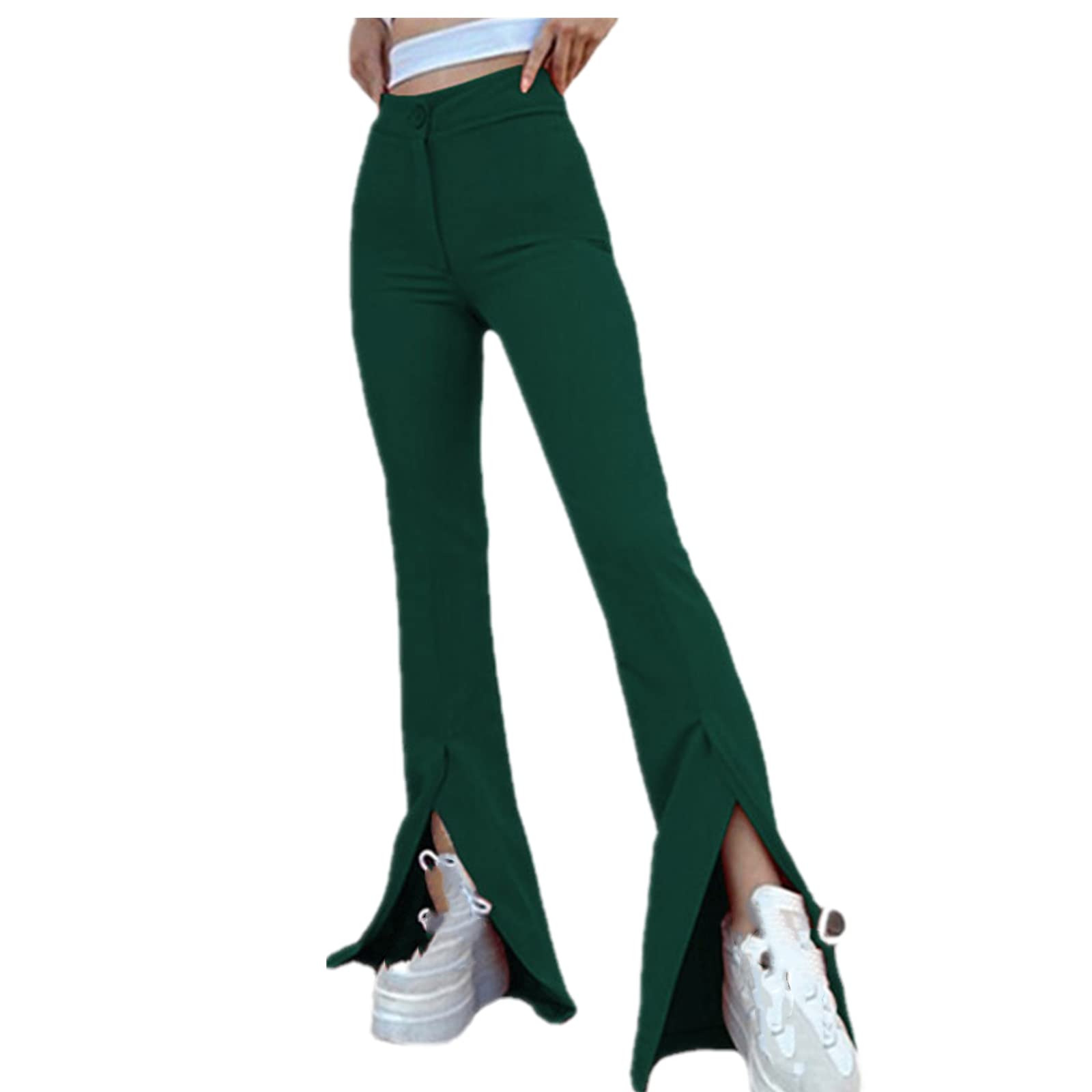 Solid Color Straight Wide Leg Pants Womens high Waist Loose and Thin Casual Fashion Trousers Dark Green S
