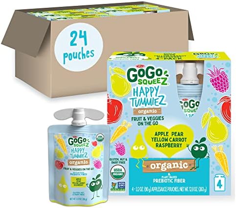 GoGo squeeZ happy tummieZ Organic Apple Pear Yellow Carrot Raspberry, 3.2 oz. (24 Pouches) - Kids Snacks with Prebiotic Fiber - Gluten Free Snacks for Kids - Nut & Dairy Free - Vegan Snacks
